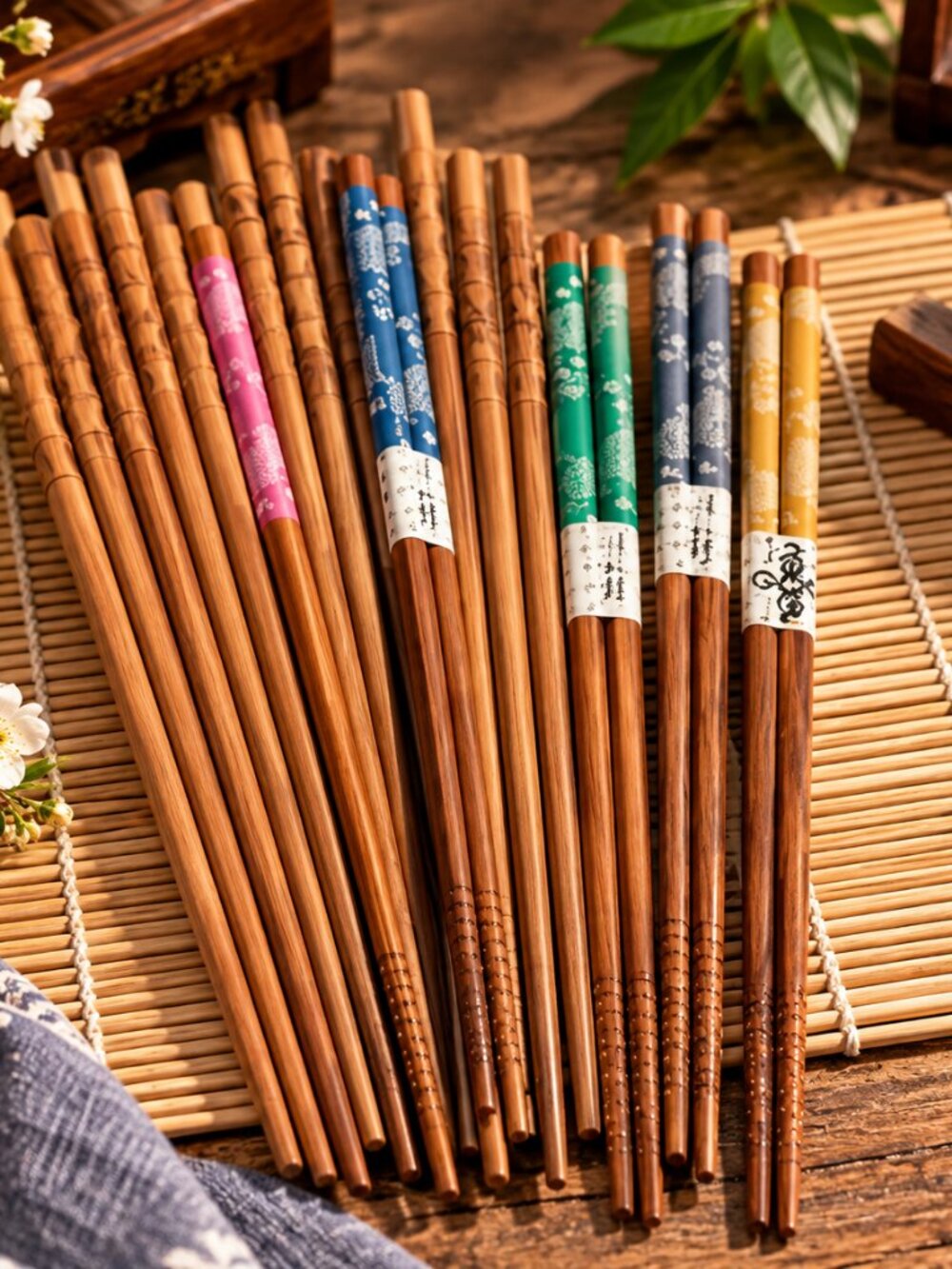 Assorted Wooden Chopsticks Set – Asian Style Floral & Natural Wood